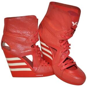 Yohji Yamamoto Engine Red with White Stripe Wedge Ankle Lace-Up Heels  Size 8.5